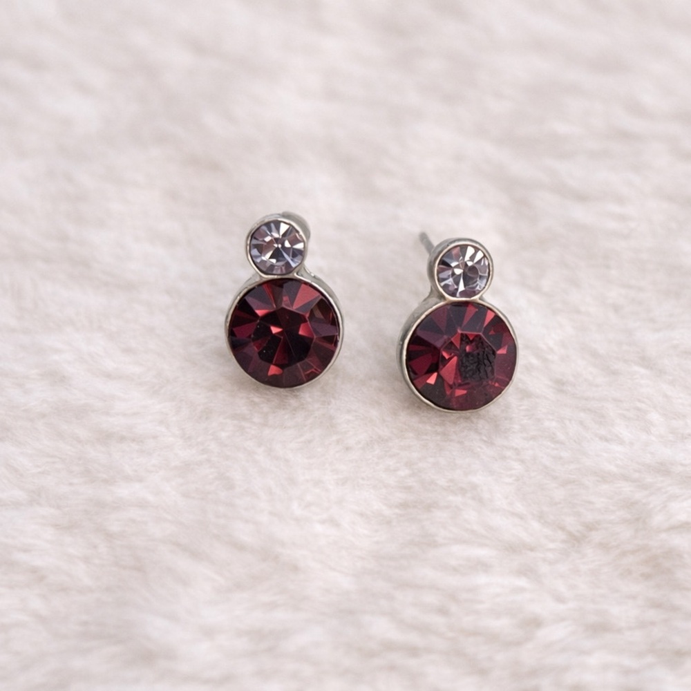 Purple Plum Double Crystal Stud Earrings Silver Tone Pierced Posts